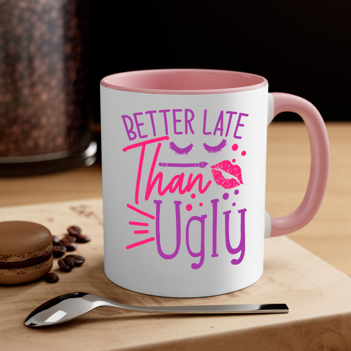 Better Late Than Ugly Style 248# ceramic mug with a glossy finish, featuring a colored handle and interior, available in five vibrant colors.