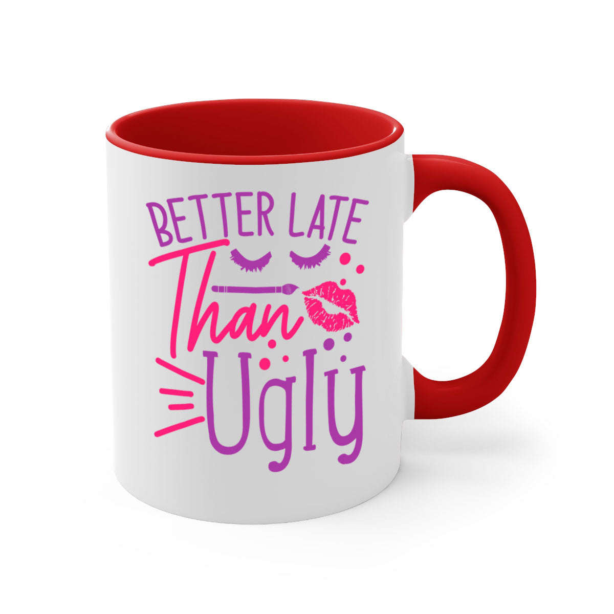 Better Late Than Ugly Style 248# ceramic mug with a glossy finish, featuring a colored handle and interior, available in five vibrant colors.