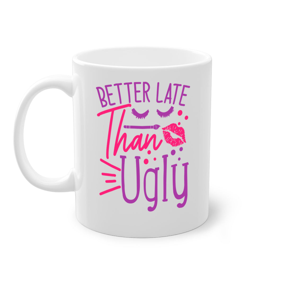 Better Late Than Ugly Style 248# ceramic mug with a glossy finish, featuring a colored handle and interior, available in five vibrant colors.