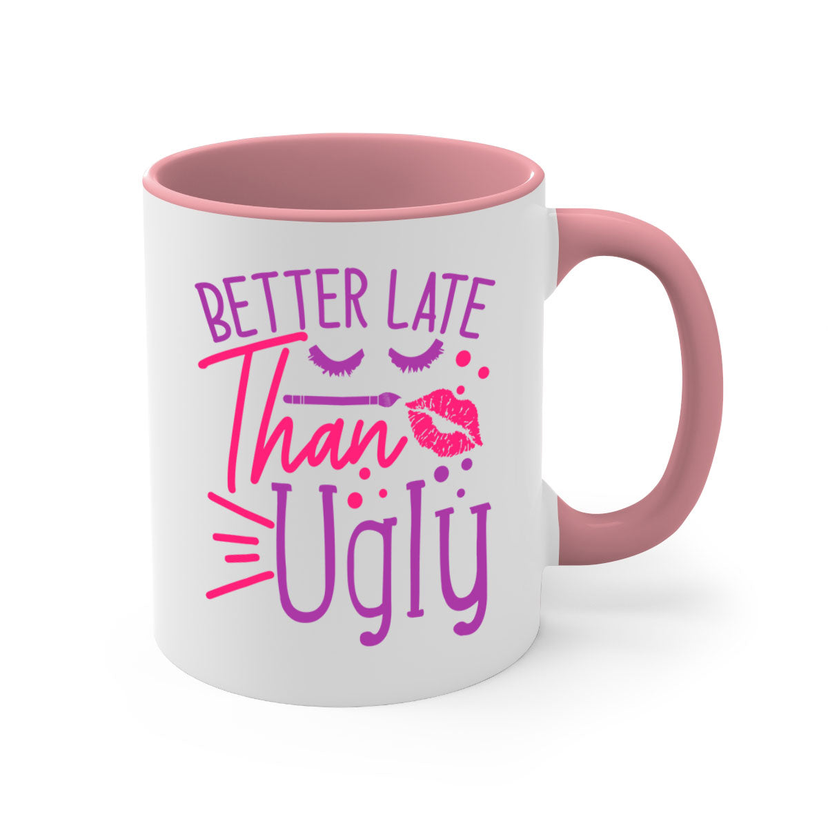 Better Late Than Ugly Style 248# ceramic mug with a glossy finish, featuring a colored handle and interior, available in five vibrant colors.