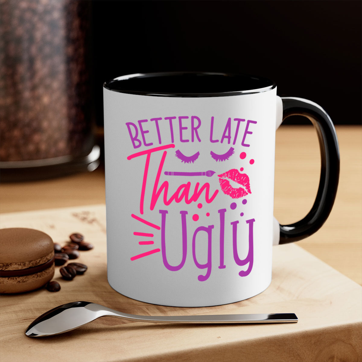 Better Late Than Ugly Style 248# ceramic mug with a glossy finish, featuring a colored handle and interior, available in five vibrant colors.