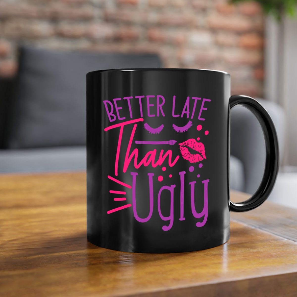 Better Late Than Ugly Style 248# ceramic mug with a glossy finish, featuring a colored handle and interior, available in five vibrant colors.