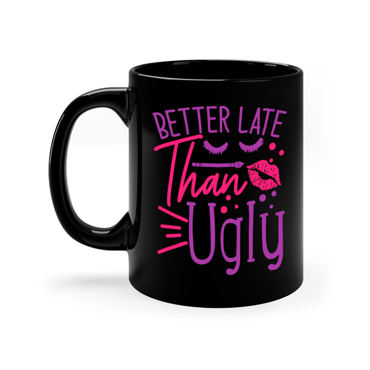 Better Late Than Ugly Style 248# ceramic mug with a glossy finish, featuring a colored handle and interior, available in five vibrant colors.