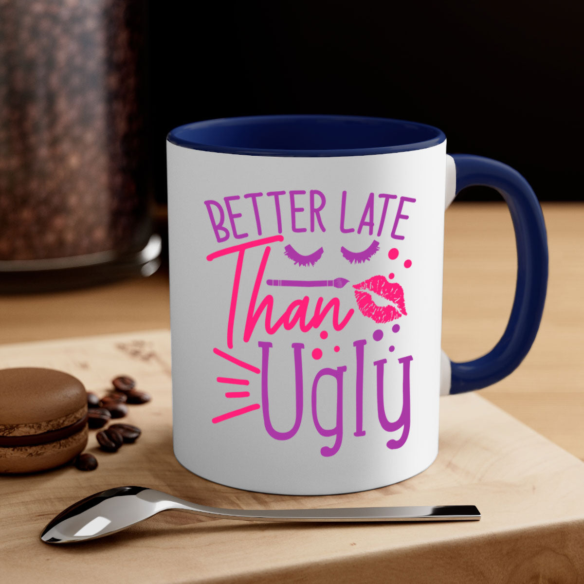 Better Late Than Ugly Style 248# ceramic mug with a glossy finish, featuring a colored handle and interior, available in five vibrant colors.