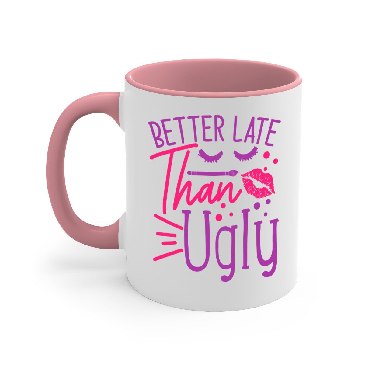 Better Late Than Ugly Style 248# ceramic mug with a glossy finish, featuring a colored handle and interior, available in five vibrant colors.