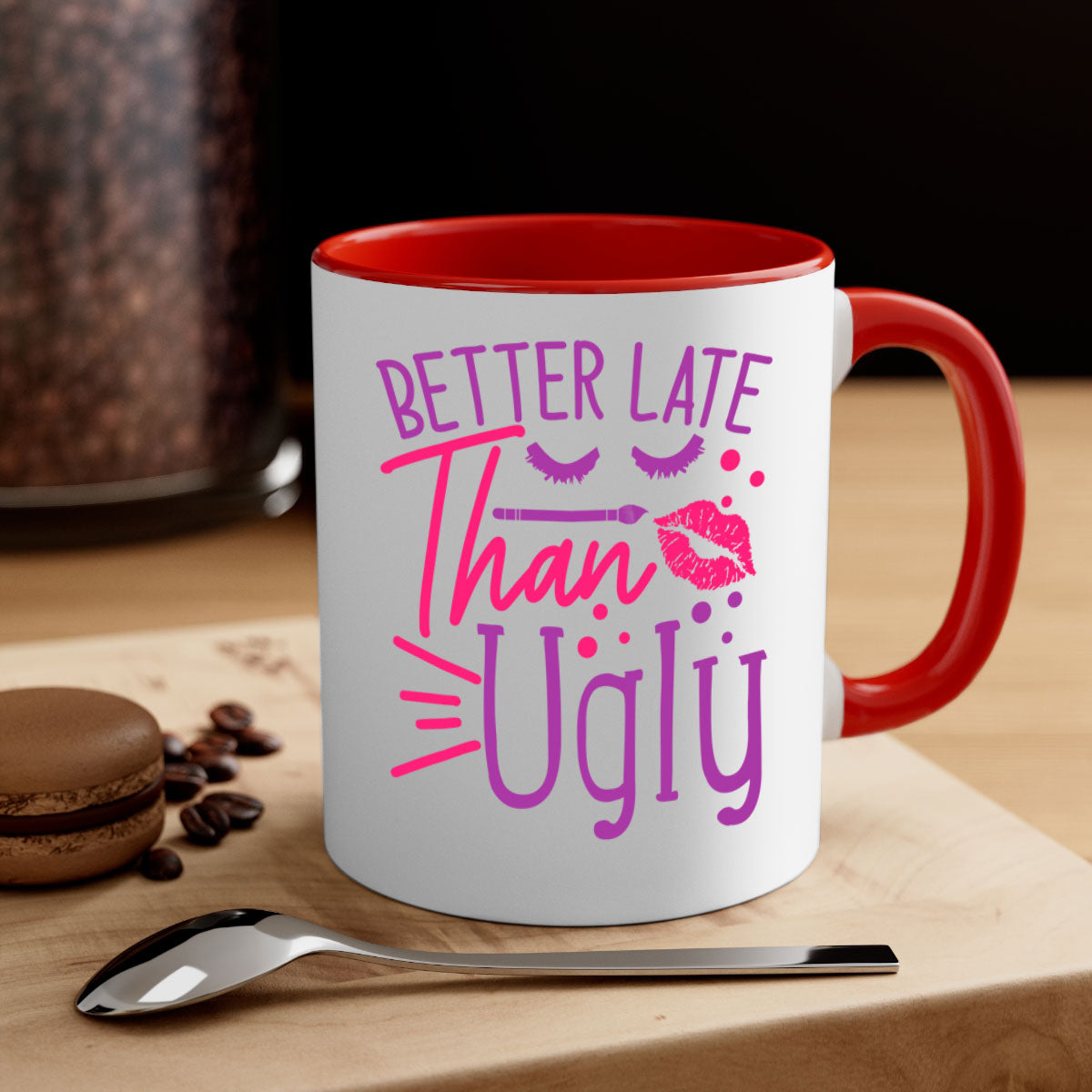 Better Late Than Ugly Style 248# ceramic mug with a glossy finish, featuring a colored handle and interior, available in five vibrant colors.