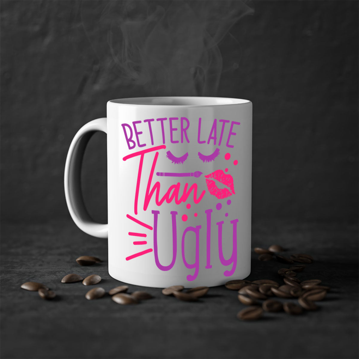 Better Late Than Ugly Style 248# ceramic mug with a glossy finish, featuring a colored handle and interior, available in five vibrant colors.