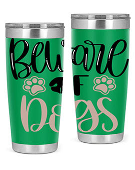 Beware Of Dogs Style 33# 20oz Tumbler featuring a double wall vacuum design with a drink-thru lid, perfect for hot and cold beverages.