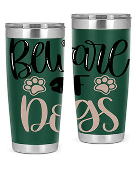 Beware Of Dogs Style 33# 20oz Tumbler featuring a double wall vacuum design with a drink-thru lid, perfect for hot and cold beverages.