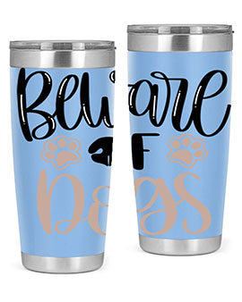 Beware Of Dogs Style 33# 20oz Tumbler featuring a double wall vacuum design with a drink-thru lid, perfect for hot and cold beverages.