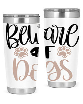 Beware Of Dogs Style 33# 20oz Tumbler featuring a double wall vacuum design with a drink-thru lid, perfect for hot and cold beverages.