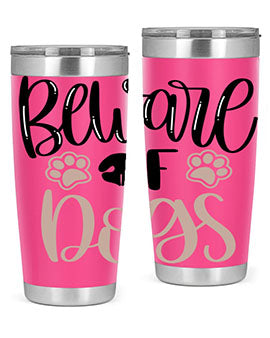 Beware Of Dogs Style 33# 20oz Tumbler featuring a double wall vacuum design with a drink-thru lid, perfect for hot and cold beverages.