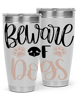 Beware Of Dogs Style 33# 20oz Tumbler featuring a double wall vacuum design with a drink-thru lid, perfect for hot and cold beverages.