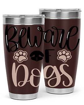 Beware Of Dogs Style 33# 20oz Tumbler featuring a double wall vacuum design with a drink-thru lid, perfect for hot and cold beverages.