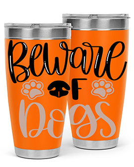 Beware Of Dogs Style 33# 20oz Tumbler featuring a double wall vacuum design with a drink-thru lid, perfect for hot and cold beverages.