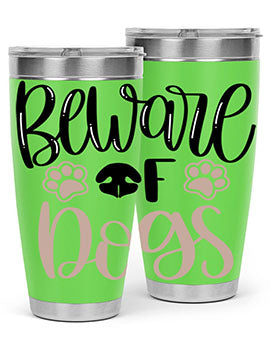 Beware Of Dogs Style 33# 20oz Tumbler featuring a double wall vacuum design with a drink-thru lid, perfect for hot and cold beverages.