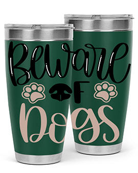 Beware Of Dogs Style 33# 20oz Tumbler featuring a double wall vacuum design with a drink-thru lid, perfect for hot and cold beverages.