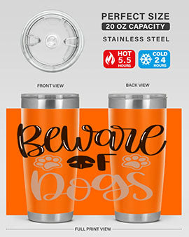 Beware Of Dogs Style 33# 20oz Tumbler featuring a double wall vacuum design with a drink-thru lid, perfect for hot and cold beverages.