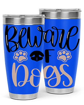 Beware Of Dogs Style 33# 20oz Tumbler featuring a double wall vacuum design with a drink-thru lid, perfect for hot and cold beverages.