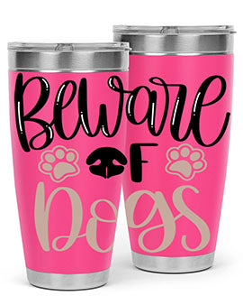 Beware Of Dogs Style 33# 20oz Tumbler featuring a double wall vacuum design with a drink-thru lid, perfect for hot and cold beverages.