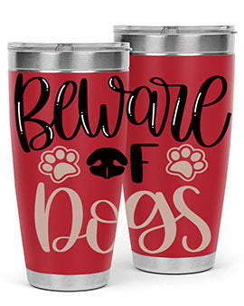 Beware Of Dogs Style 33# 20oz Tumbler featuring a double wall vacuum design with a drink-thru lid, perfect for hot and cold beverages.