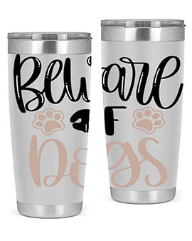 Beware Of Dogs Style 33# 20oz Tumbler featuring a double wall vacuum design with a drink-thru lid, perfect for hot and cold beverages.