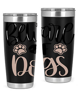 Beware Of Dogs Style 33# 20oz Tumbler featuring a double wall vacuum design with a drink-thru lid, perfect for hot and cold beverages.