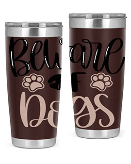 Beware Of Dogs Style 33# 20oz Tumbler featuring a double wall vacuum design with a drink-thru lid, perfect for hot and cold beverages.