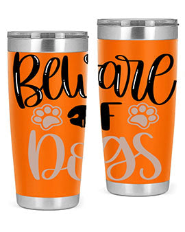 Beware Of Dogs Style 33# 20oz Tumbler featuring a double wall vacuum design with a drink-thru lid, perfect for hot and cold beverages.