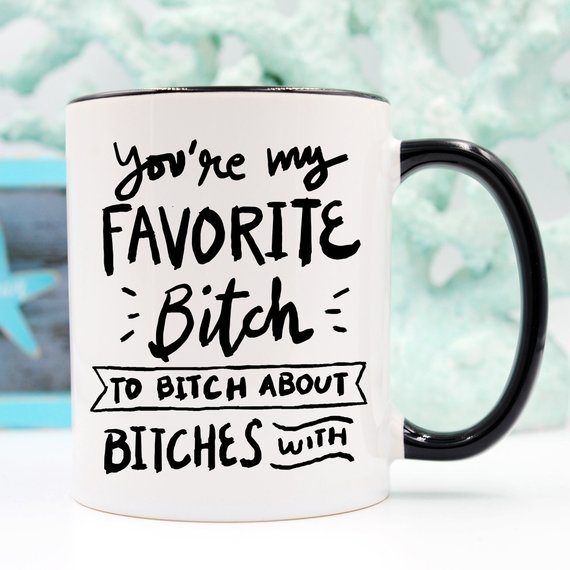 A humorous coffee mug featuring the phrase 'You're My Favorite Bitch To Bitch About Bitches With', crafted from high-quality ceramic.