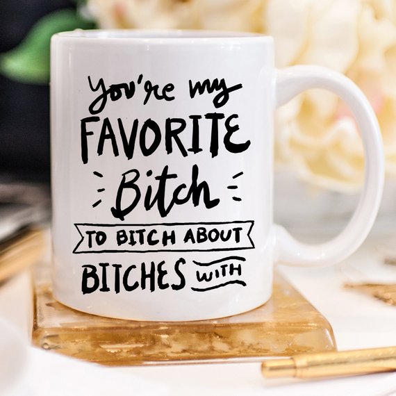 A humorous coffee mug featuring the phrase 'You're My Favorite Bitch To Bitch About Bitches With', crafted from high-quality ceramic.