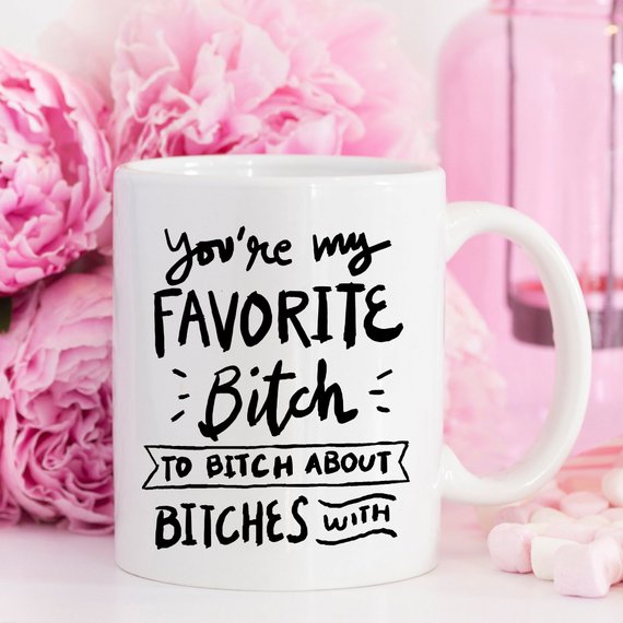 A humorous coffee mug featuring the phrase 'You're My Favorite Bitch To Bitch About Bitches With', crafted from high-quality ceramic.