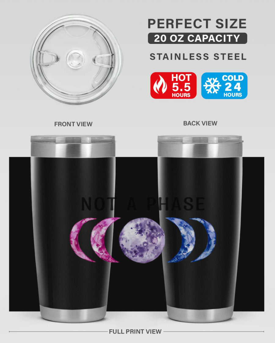 Bi Pride Not A Phase tumbler featuring a vibrant bisexual pride design, made from stainless steel with a drink-thru lid.