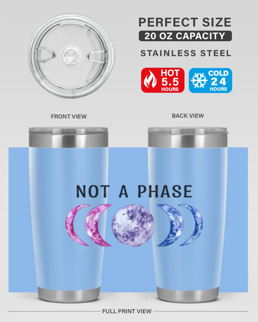 Bi Pride Not A Phase tumbler featuring a vibrant bisexual pride design, made from stainless steel with a drink-thru lid.