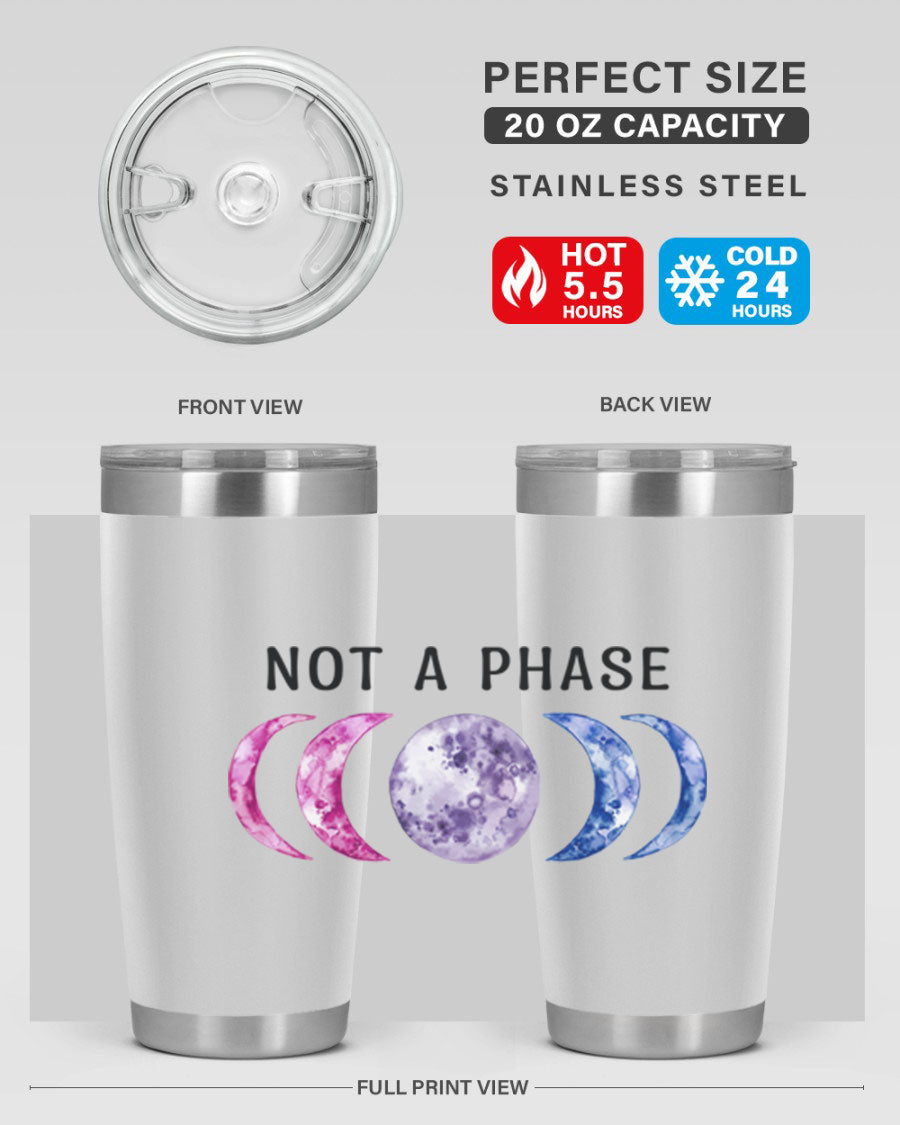 Bi Pride Not A Phase tumbler featuring a vibrant bisexual pride design, made from stainless steel with a drink-thru lid.