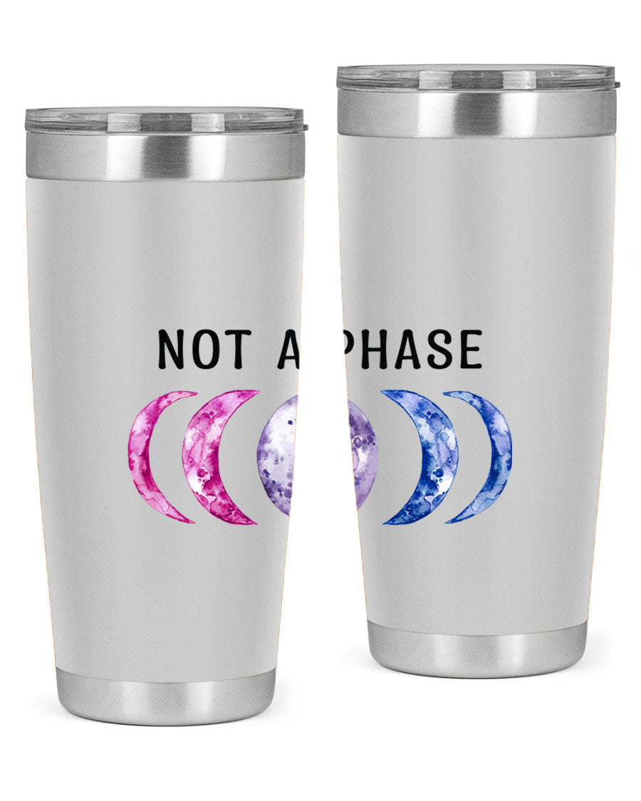 Bi Pride Not A Phase tumbler featuring a vibrant bisexual pride design, made from stainless steel with a drink-thru lid.