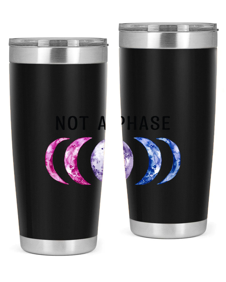 Bi Pride Not A Phase tumbler featuring a vibrant bisexual pride design, made from stainless steel with a drink-thru lid.