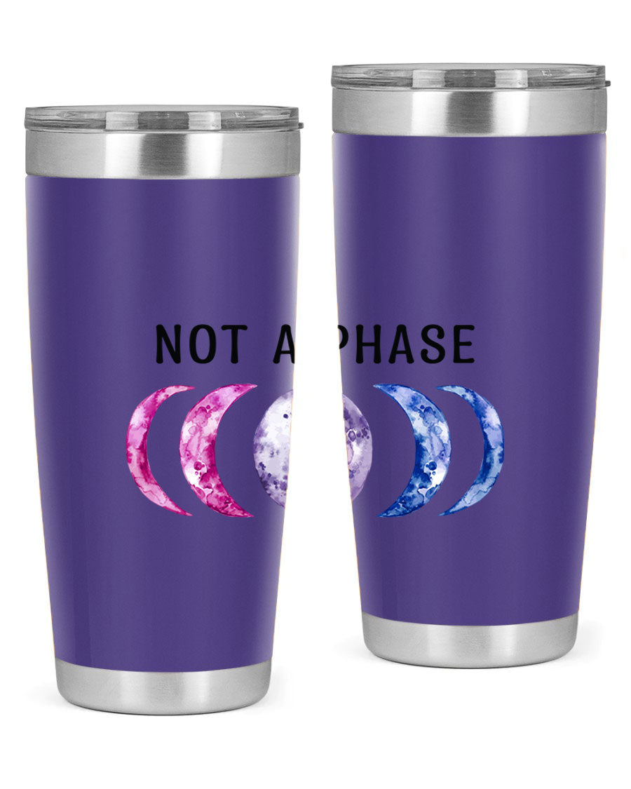 Bi Pride Not A Phase tumbler featuring a vibrant bisexual pride design, made from stainless steel with a drink-thru lid.