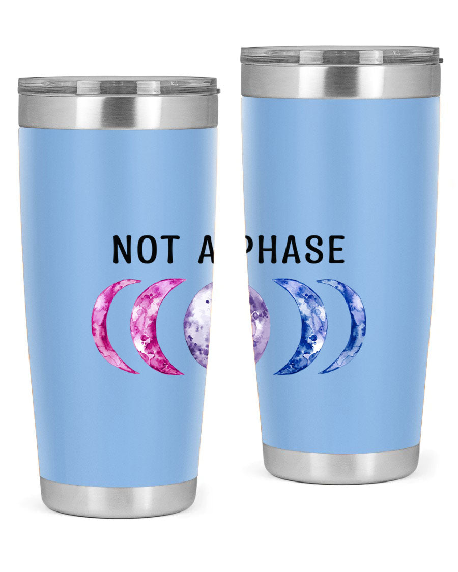 Bi Pride Not A Phase tumbler featuring a vibrant bisexual pride design, made from stainless steel with a drink-thru lid.