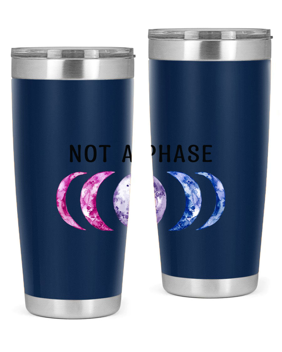 Bi Pride Not A Phase tumbler featuring a vibrant bisexual pride design, made from stainless steel with a drink-thru lid.