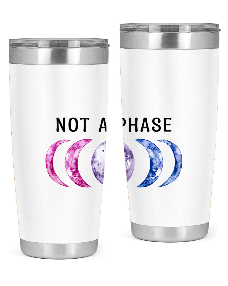 Bi Pride Not A Phase tumbler featuring a vibrant bisexual pride design, made from stainless steel with a drink-thru lid.