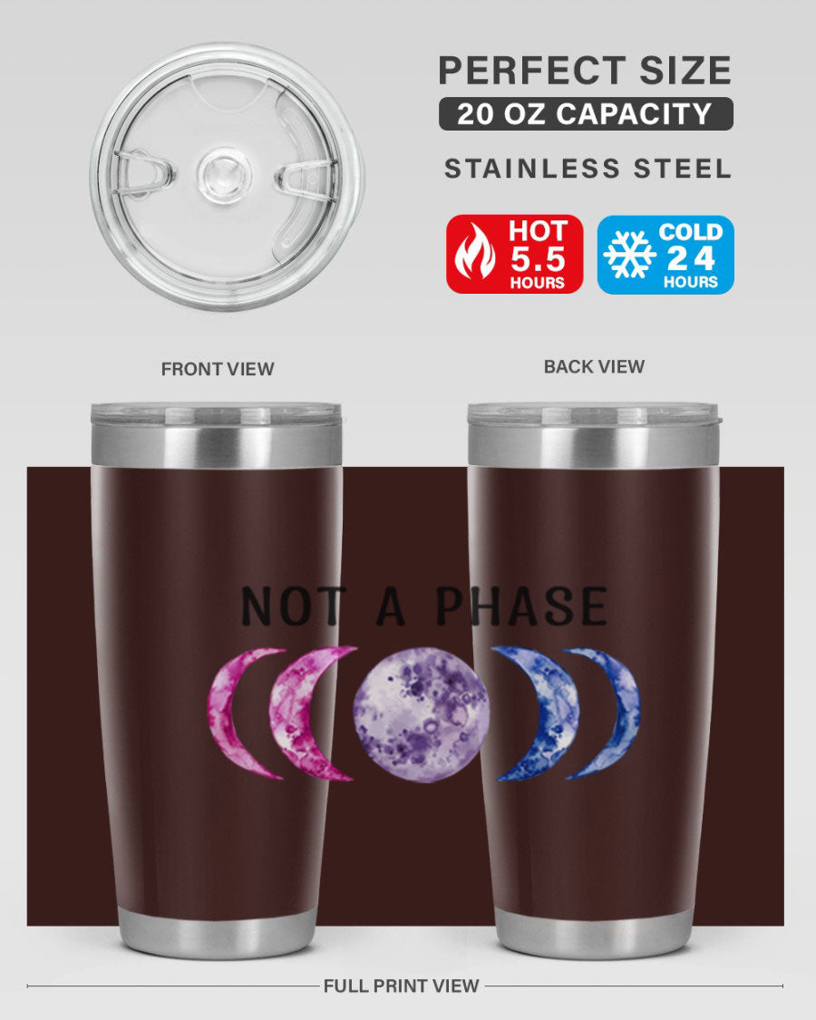 Bi Pride Not A Phase tumbler featuring a vibrant bisexual pride design, made from stainless steel with a drink-thru lid.