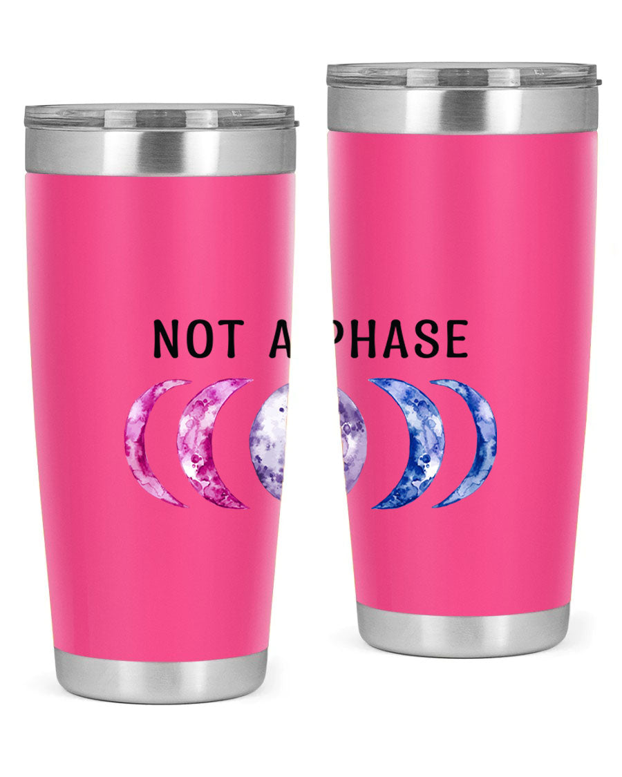 Bi Pride Not A Phase tumbler featuring a vibrant bisexual pride design, made from stainless steel with a drink-thru lid.