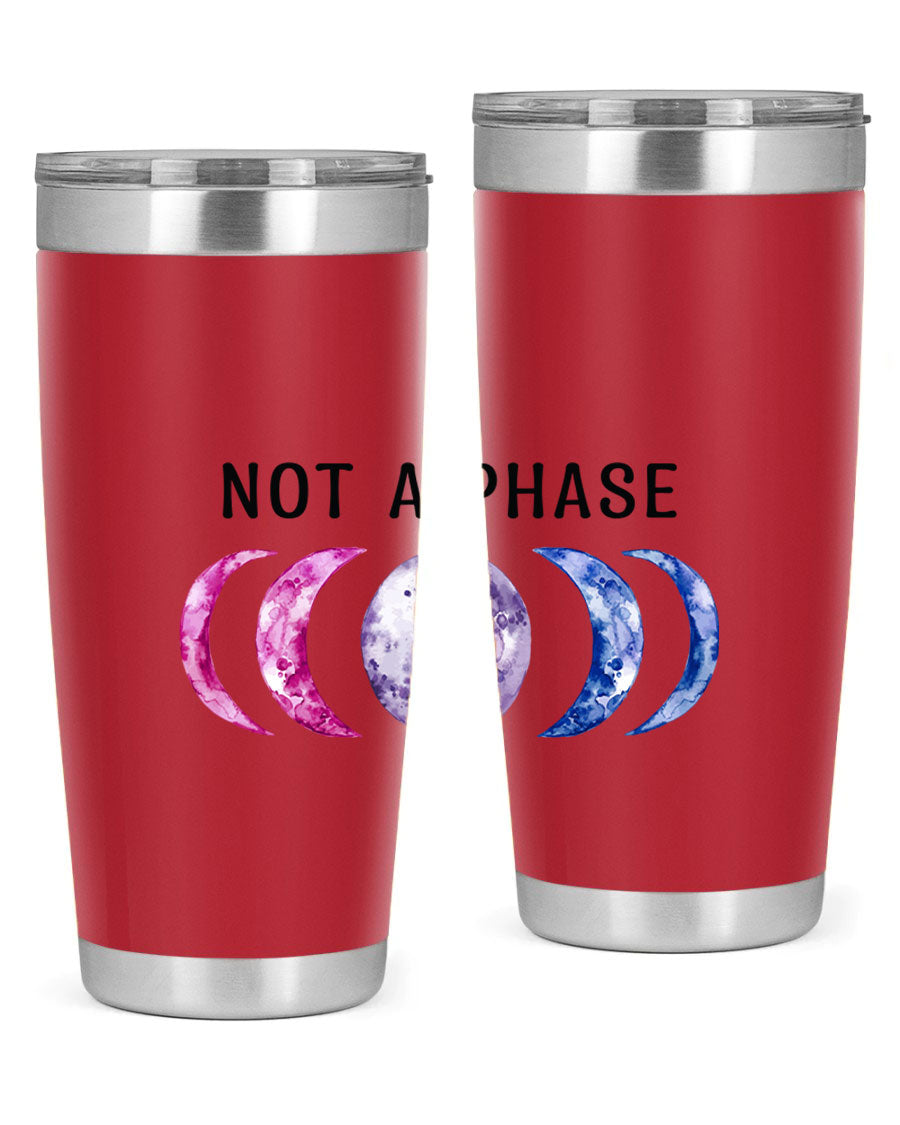 Bi Pride Not A Phase tumbler featuring a vibrant bisexual pride design, made from stainless steel with a drink-thru lid.