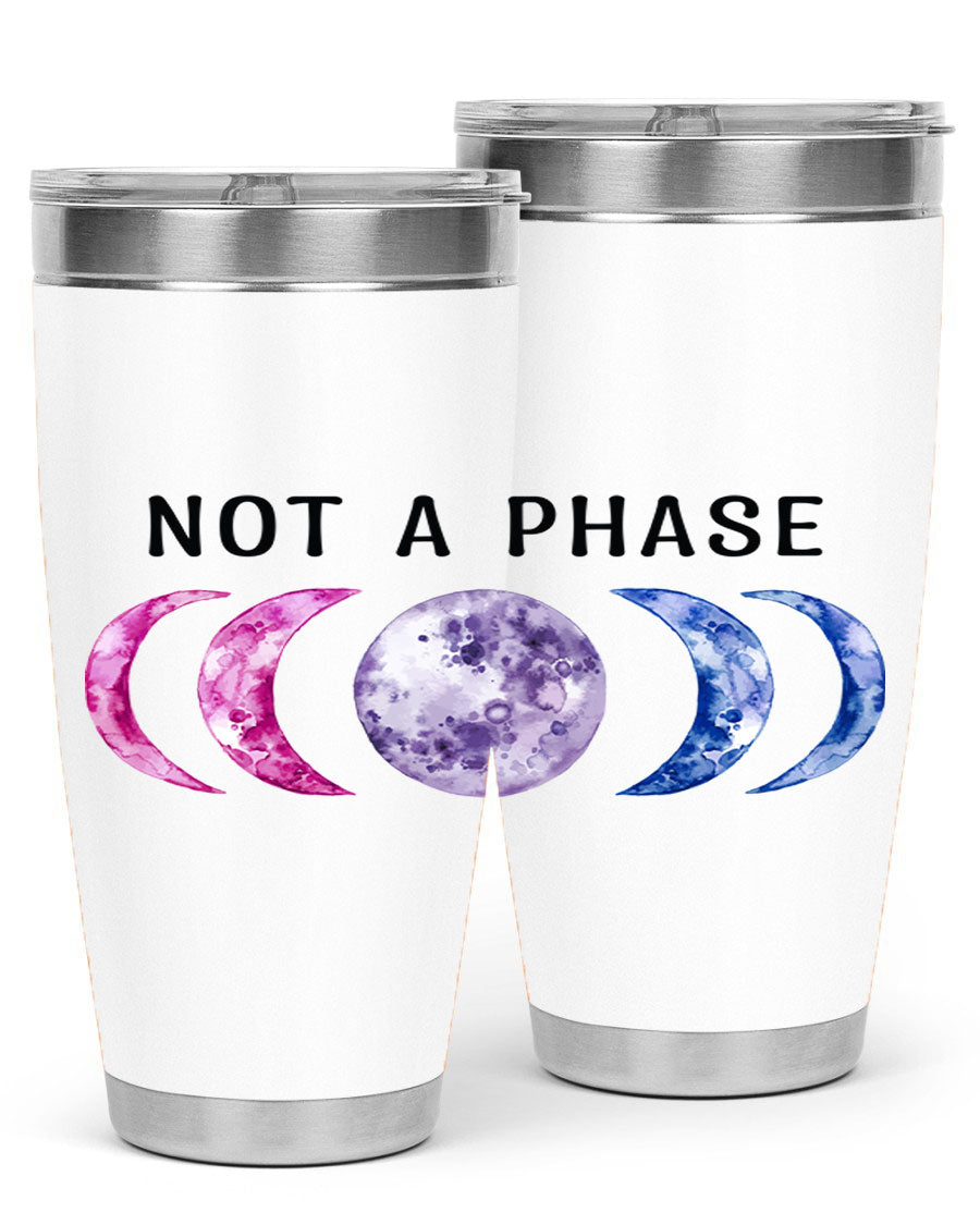 Bi Pride Not A Phase tumbler featuring a vibrant bisexual pride design, made from stainless steel with a drink-thru lid.