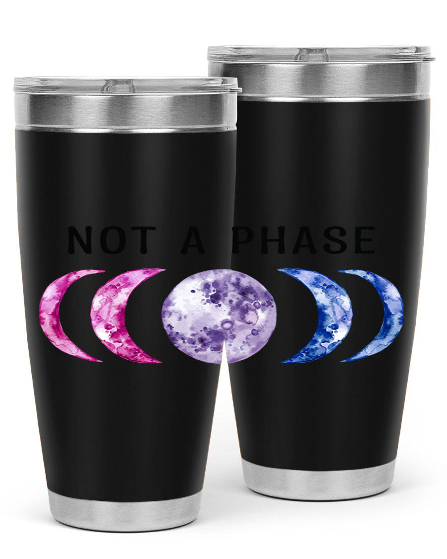 Bi Pride Not A Phase tumbler featuring a vibrant bisexual pride design, made from stainless steel with a drink-thru lid.