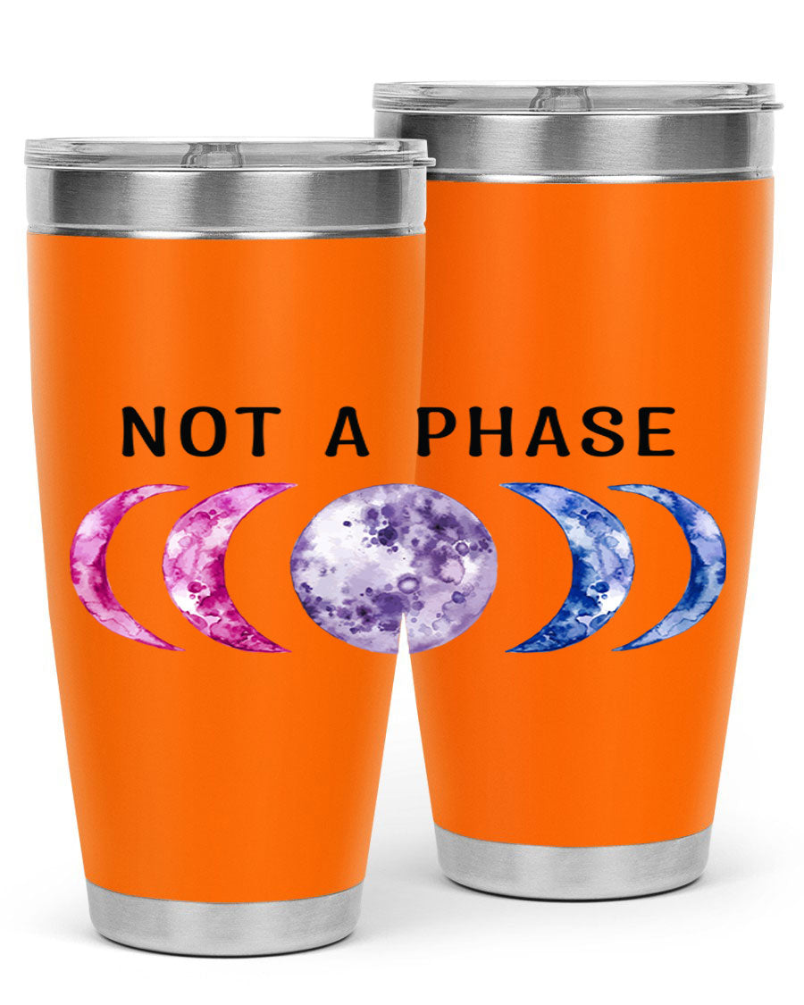 Bi Pride Not A Phase tumbler featuring a vibrant bisexual pride design, made from stainless steel with a drink-thru lid.