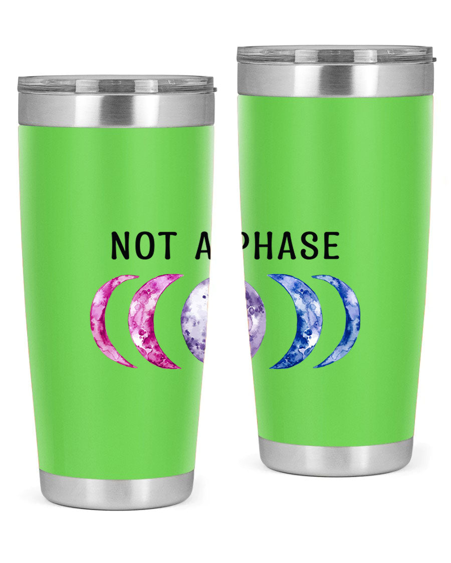 Bi Pride Not A Phase tumbler featuring a vibrant bisexual pride design, made from stainless steel with a drink-thru lid.