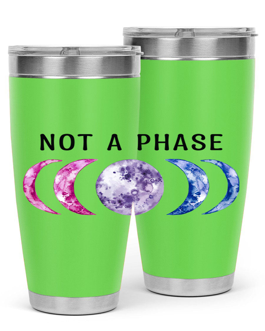 Bi Pride Not A Phase tumbler featuring a vibrant bisexual pride design, made from stainless steel with a drink-thru lid.