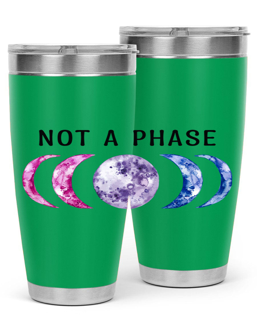 Bi Pride Not A Phase tumbler featuring a vibrant bisexual pride design, made from stainless steel with a drink-thru lid.